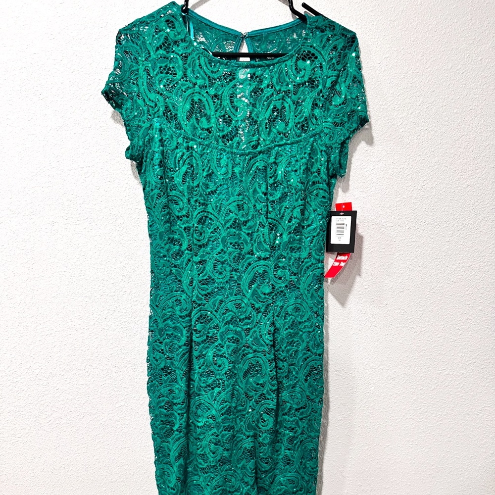 Marina Emerald Green Lace Sequin Cap Sleeve Fitted Dress Women's 10 NEW NWT Or